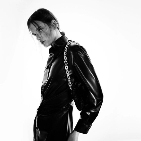 NWOT Zara black faux leather gathered waist button-up collared shirt dress, S - Picture 4 of 12